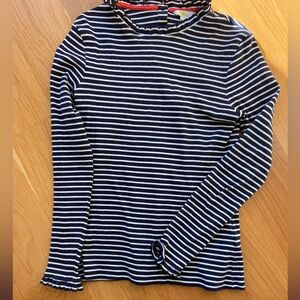 Boden navy and white striped top with ruffled neckline and sleeves! EUC, size 6